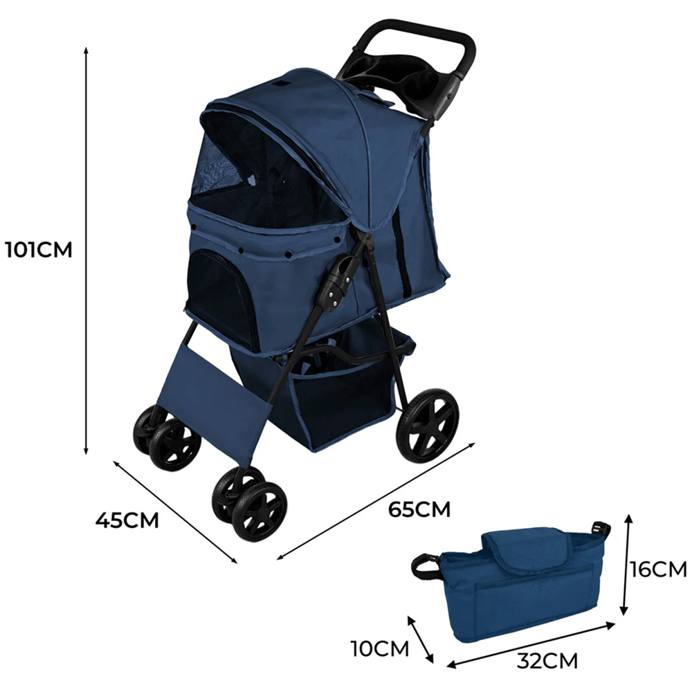 Monstershop Navy Blue Pet Stroller with Rain Cover and Caddy Bag Image 4