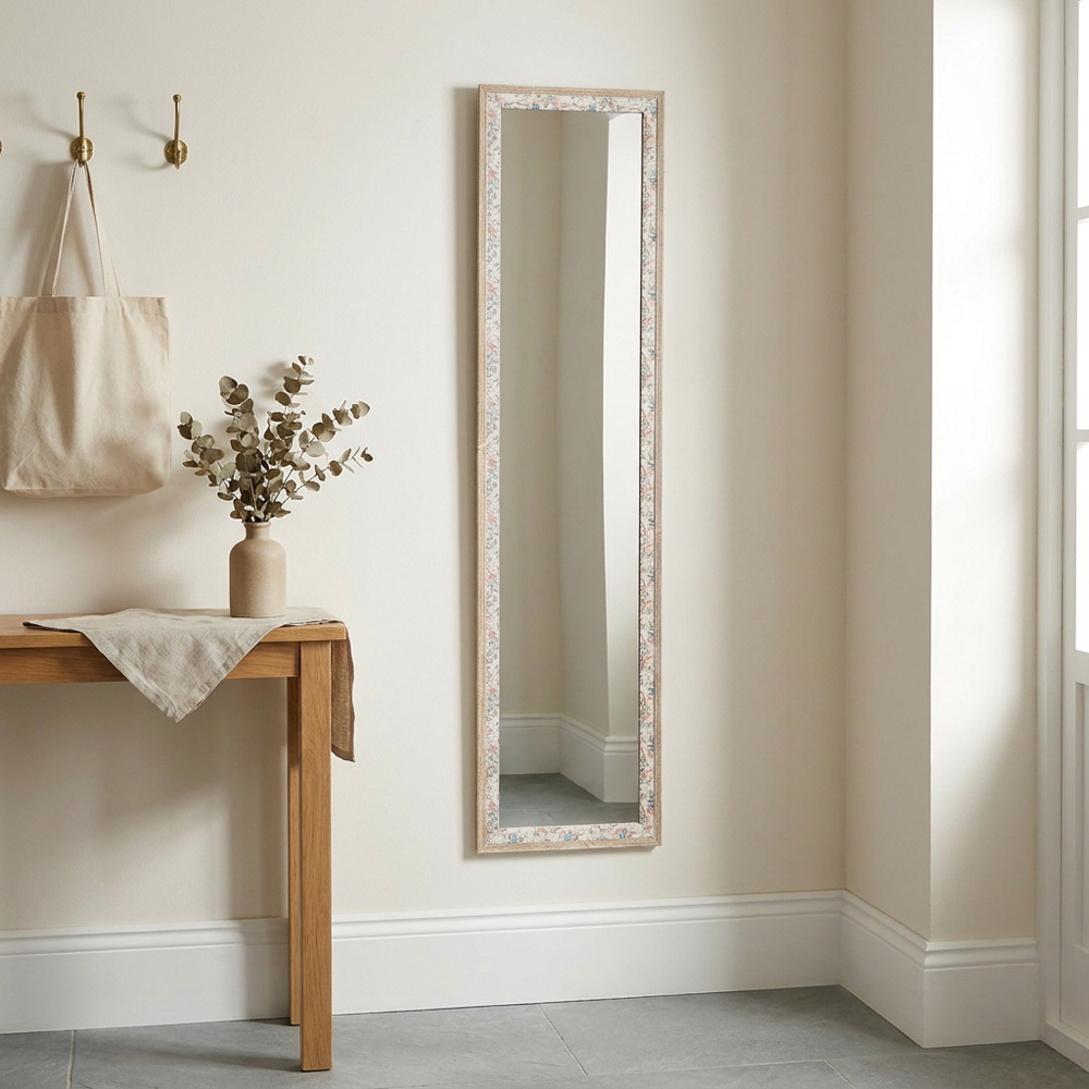 Floral Linen Wooden Dress Mirror Cream Image 5