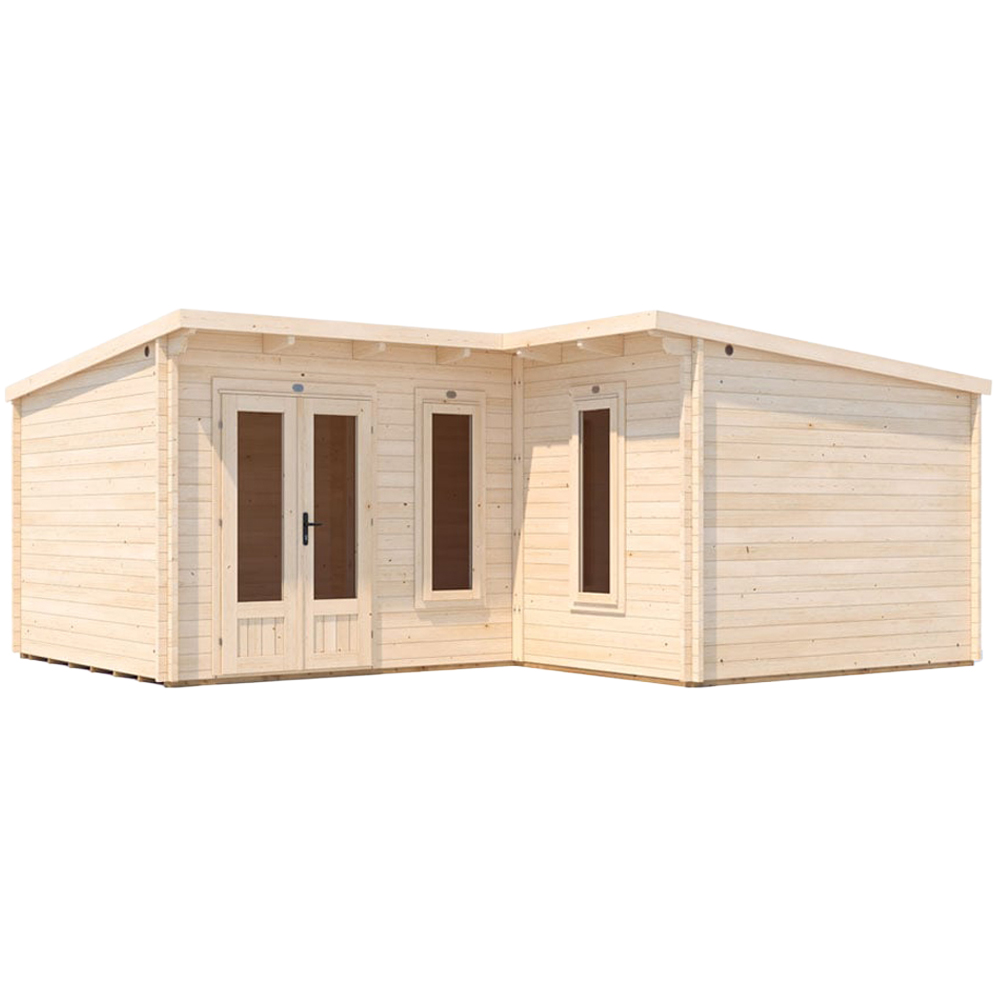Dunster House HellWolf 20 x 16ft Brown L-Shaped Double Glazed Pent Garden Log Cabin Image 1