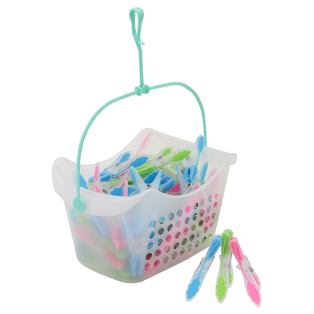 JVL Prism Soft Touch Leaf Pegs and Peg Basket in Assorted Style 72 Pack Image 1