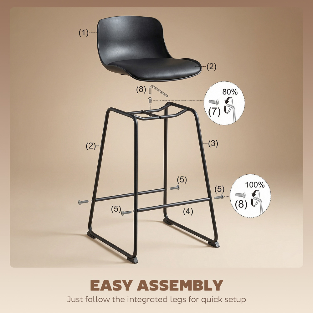 Portland Black PU Leather Upholstered Bar Stool with Footrest Set of 2 Image 7