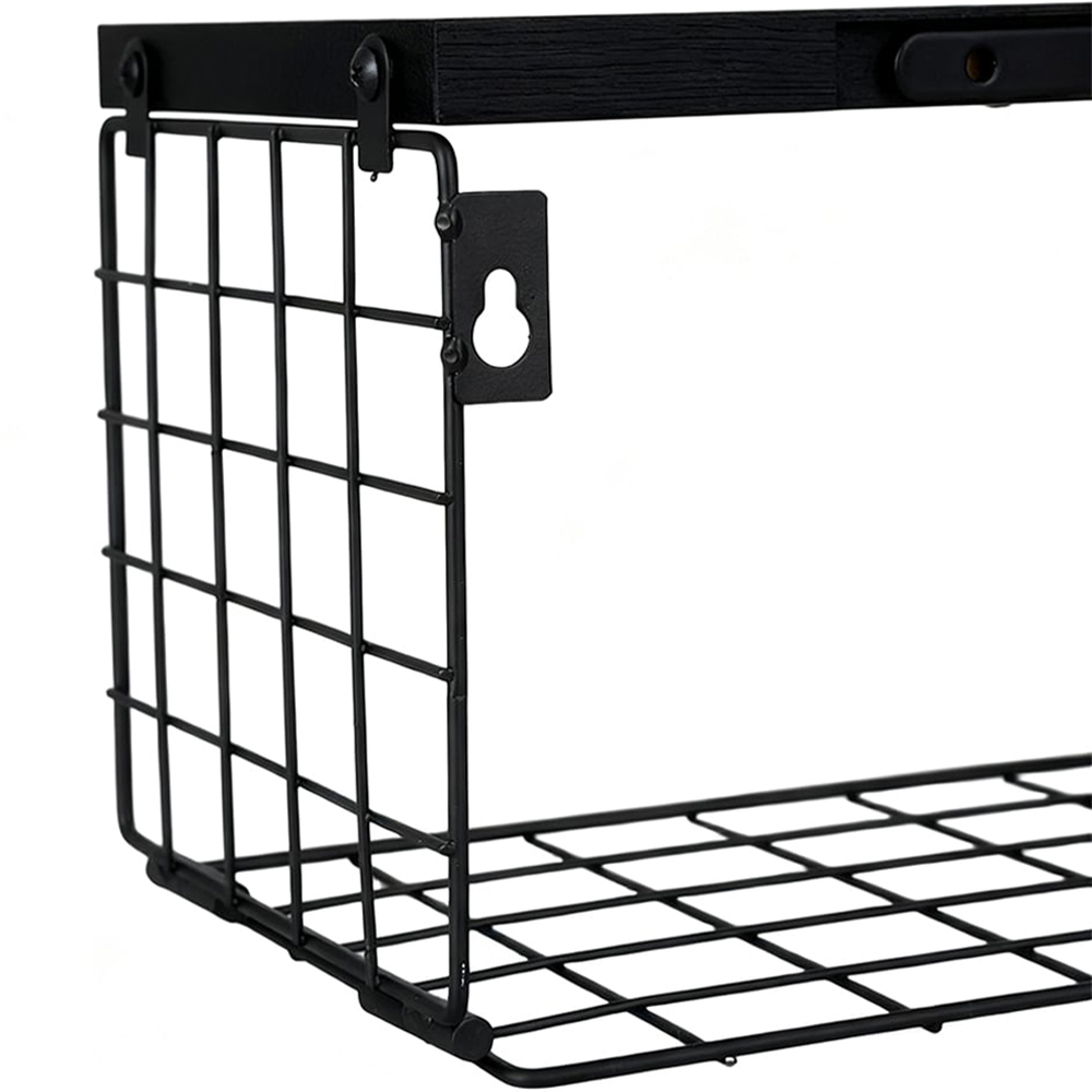 Living and Home Black 2-Tier Wall-Mounted Floating Shelf with Wire Basket Image 5
