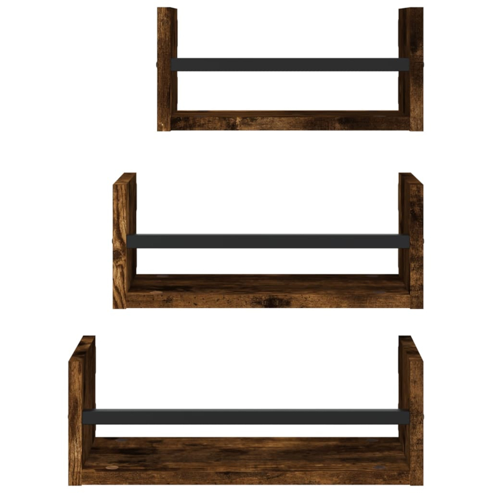 vidaXL Set of 3 Smoked Oak Wooden Wall Shelf with Bars Image 2