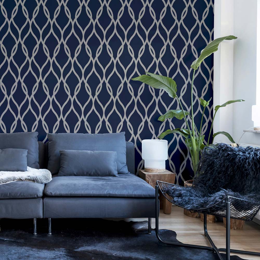 Arthouse Sequin Trellis Navy Blue and Silver Wallpaper Image 4