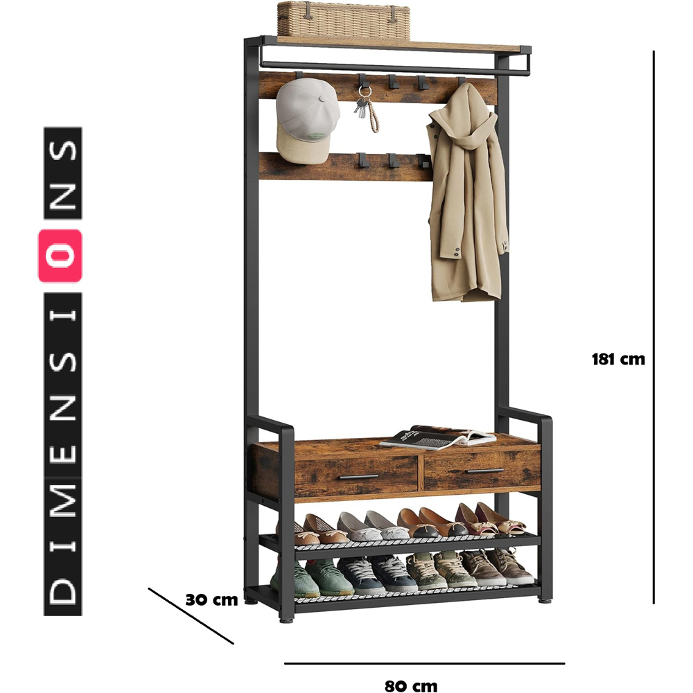 Modcraft 2 Drawer 2 Shelf Rustic Brown Industrial-Style Hall Tree with Shoe Bench Image 6