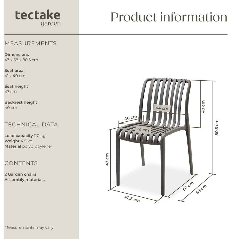 tectake Alcudia Set of 2 Anthracite Stackable Garden Chair Image 9