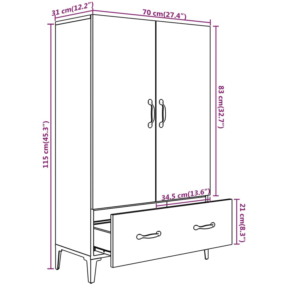 vidaXL 2 Door Single Drawer Smoked Oak Highboard Image 6