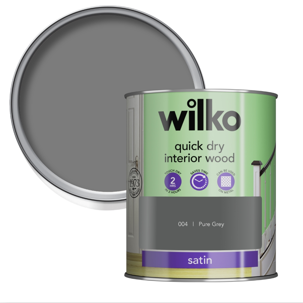Wilko Interior Wood Pure Grey Satin Quick Dry Paint 750ml Image 1