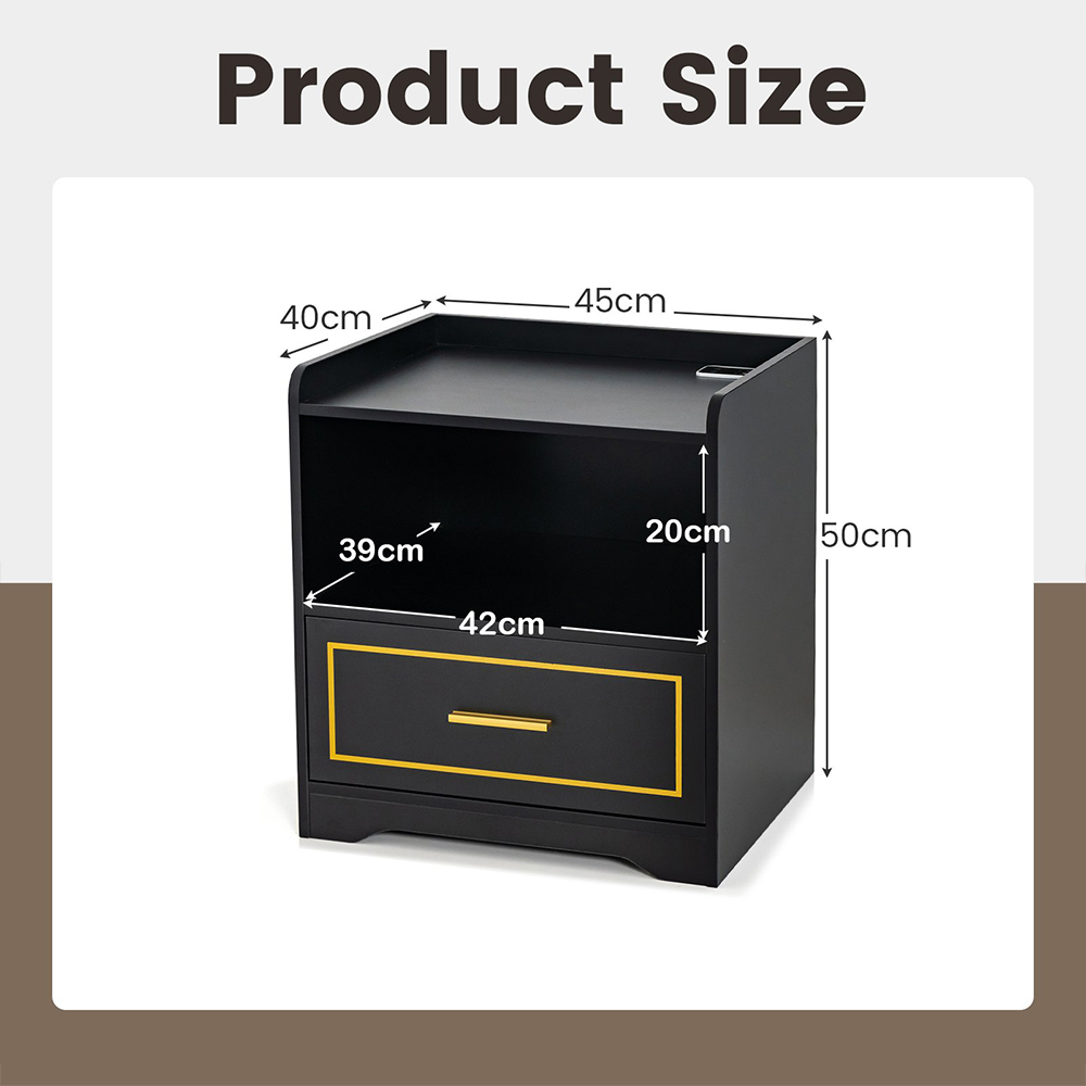 Costway Single Drawer Single Shelf Black LED Bedside Table with USB Port Image 9