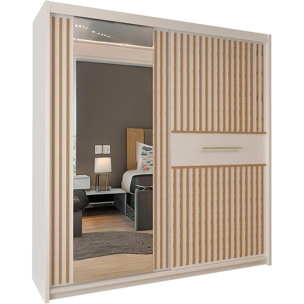 Modern Sliding Wardrobe with Mirror & Oak Striped Door (White 203cm) Image 2