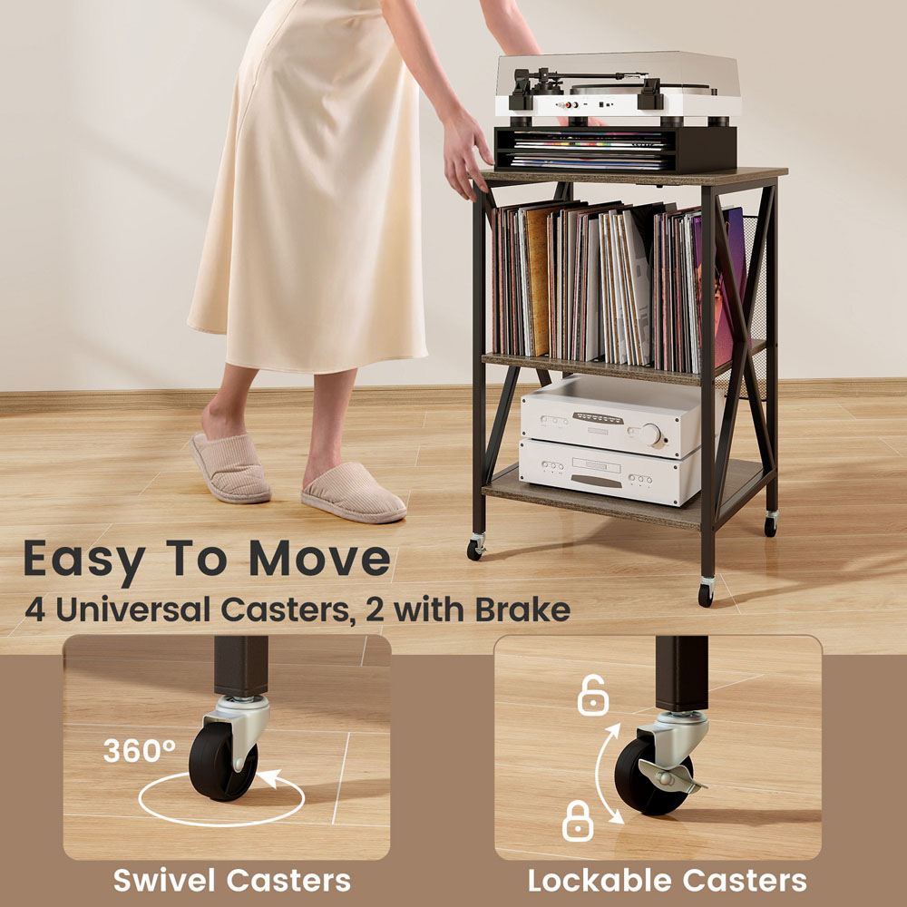 Costway 2 Shelf Grey Turntable Record Player Stand with Charging Station and Divider Image 5