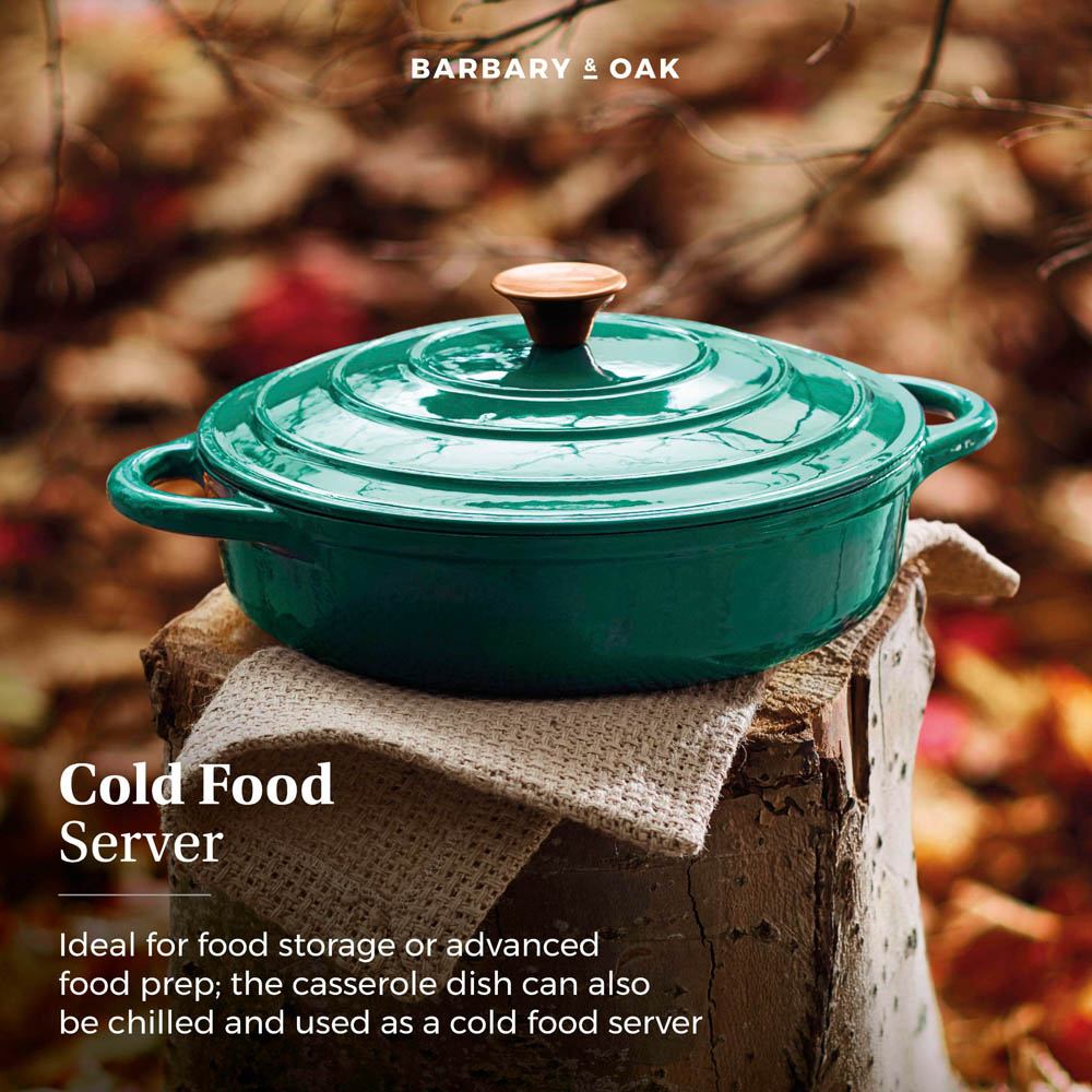 Barbary & Oak 28cm Verdigris Green Cast Iron Shallow Casserole Dish with Domed Lid Image 6