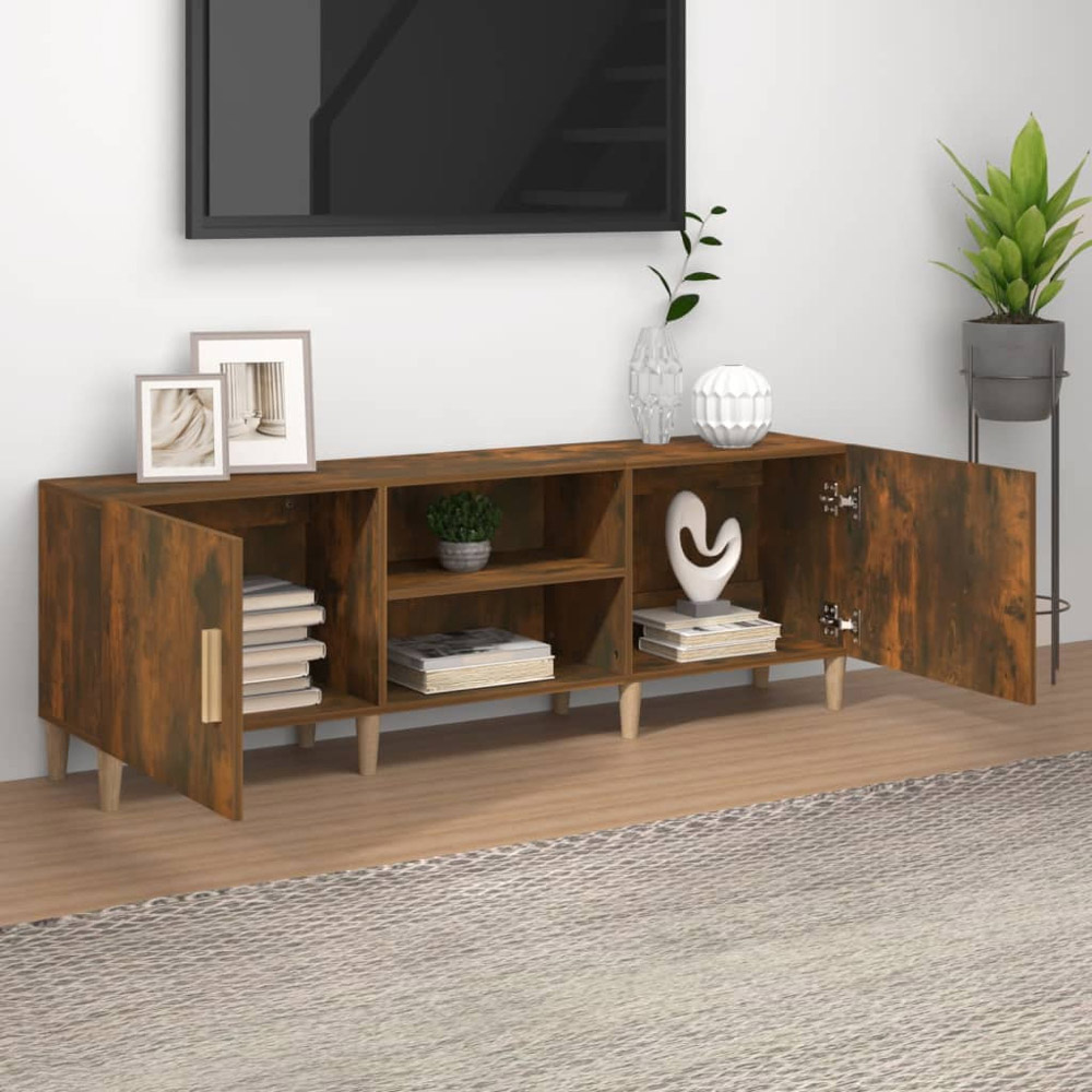 vidaXL 2 Door 2 Open Shelf Smoked Oak TV Cabinet with Wooden Legs Image 3