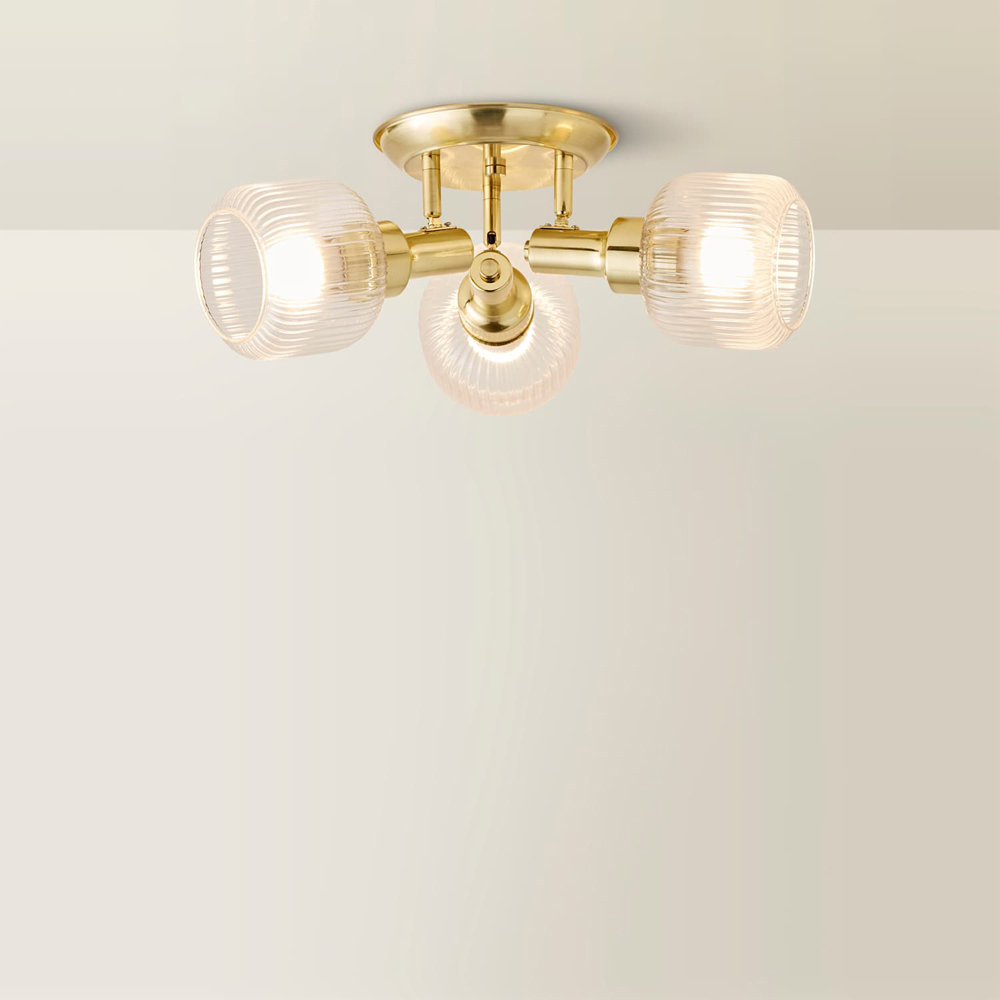 ValueLights Calpe Ribbed Clear Shades 3 Way Antique Brass Adjustable Ceiling Spotlight with Bulbs Image 5