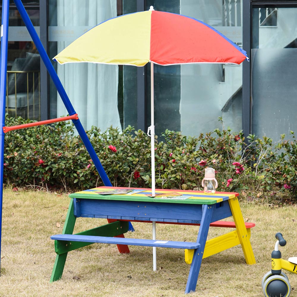 Kids Outdoor Picnic Table and Bench with Parasol Umbrella Rainbow Image 2
