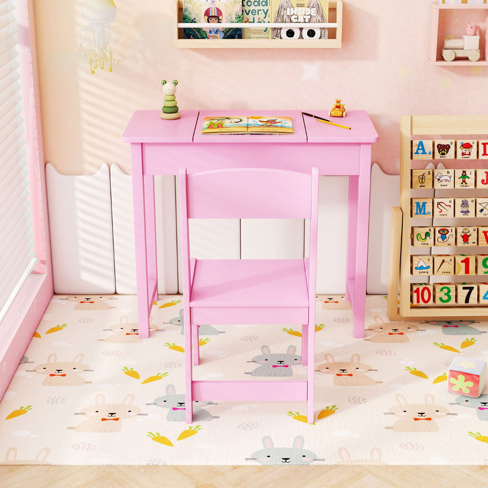 Costway 2 Drawer Single Shelf Pink 2 in 1 Kids Vanity Table Set with Flip Top Mirror Image 4