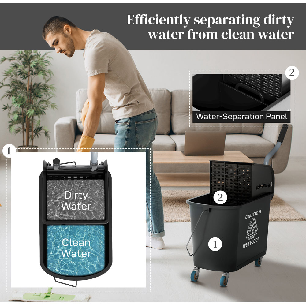 HOMCOM Black Wringer Handle Mop and Bucket Set on Wheels 20L Image 5