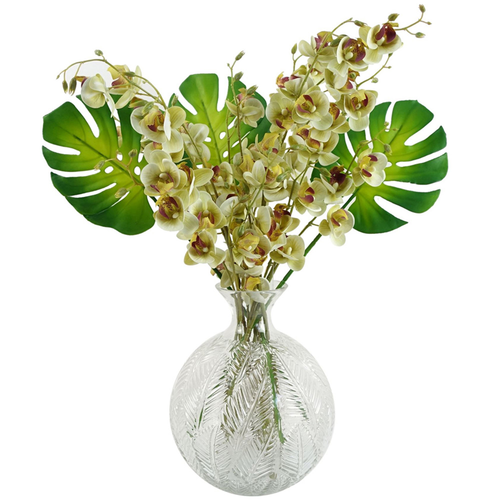 Leaf Cream Mini Orchid and Monstera Leaf Tropical Artificial Flower Bundle with Vase 65cm 9 Pack Image 1