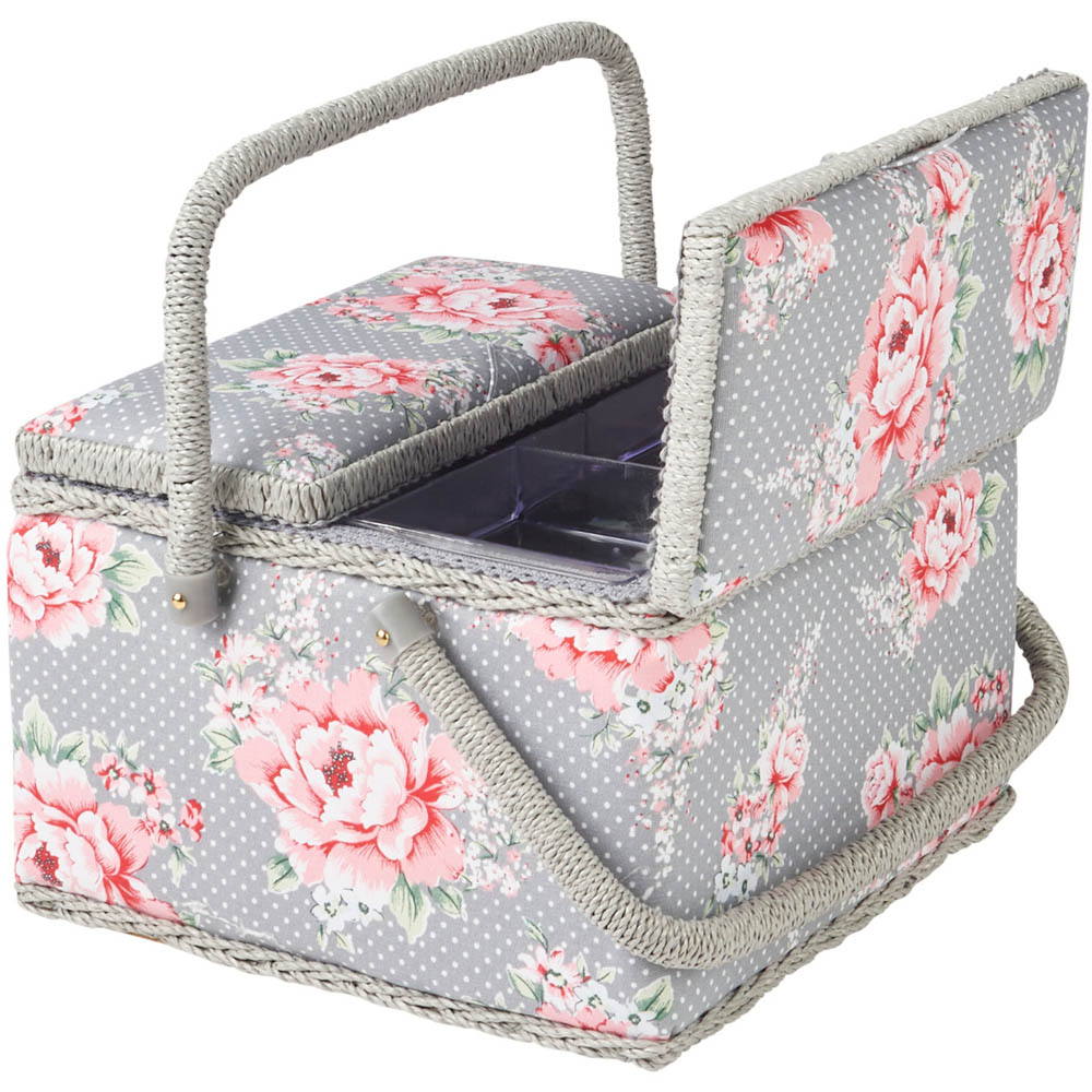 Sewing Online Grey Beautiful Bloom Print Large Twin Lid Sewing Box with Carry Handle Image 5