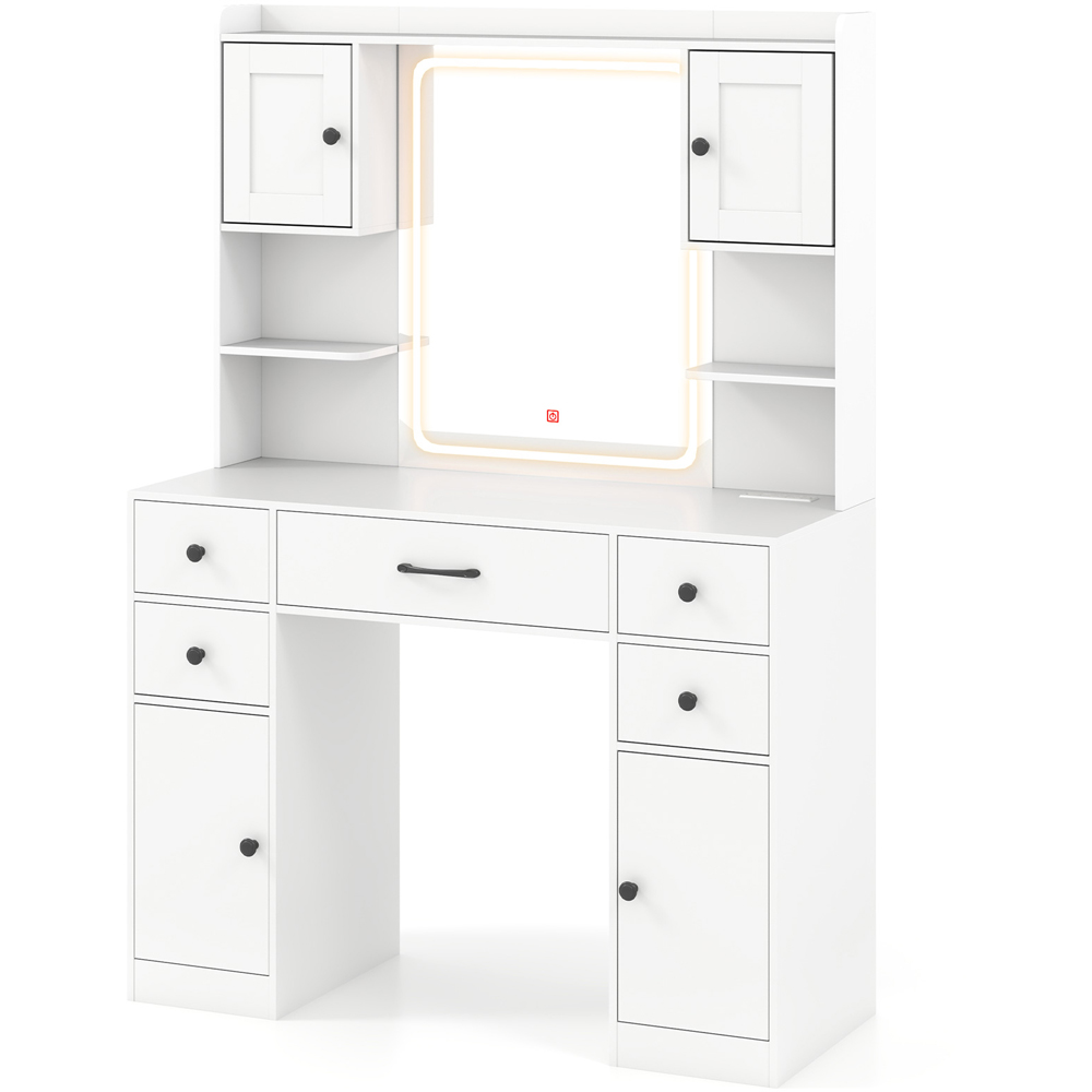 Costway White 5 Drawer 2 Door Makeup Table with LED Mirror Image 2