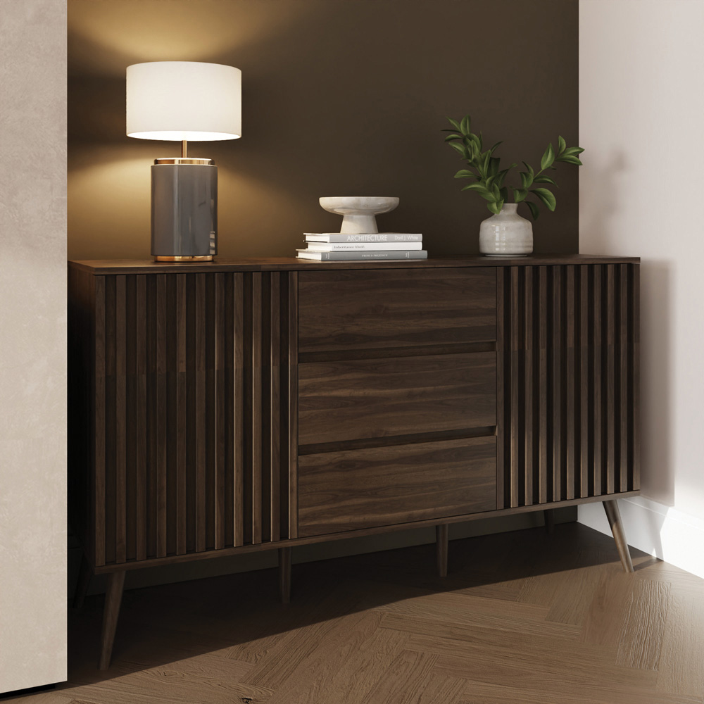 GFW Rowan 2 Door 3 Drawer Walnut Slatted Large Sideboard Image 8