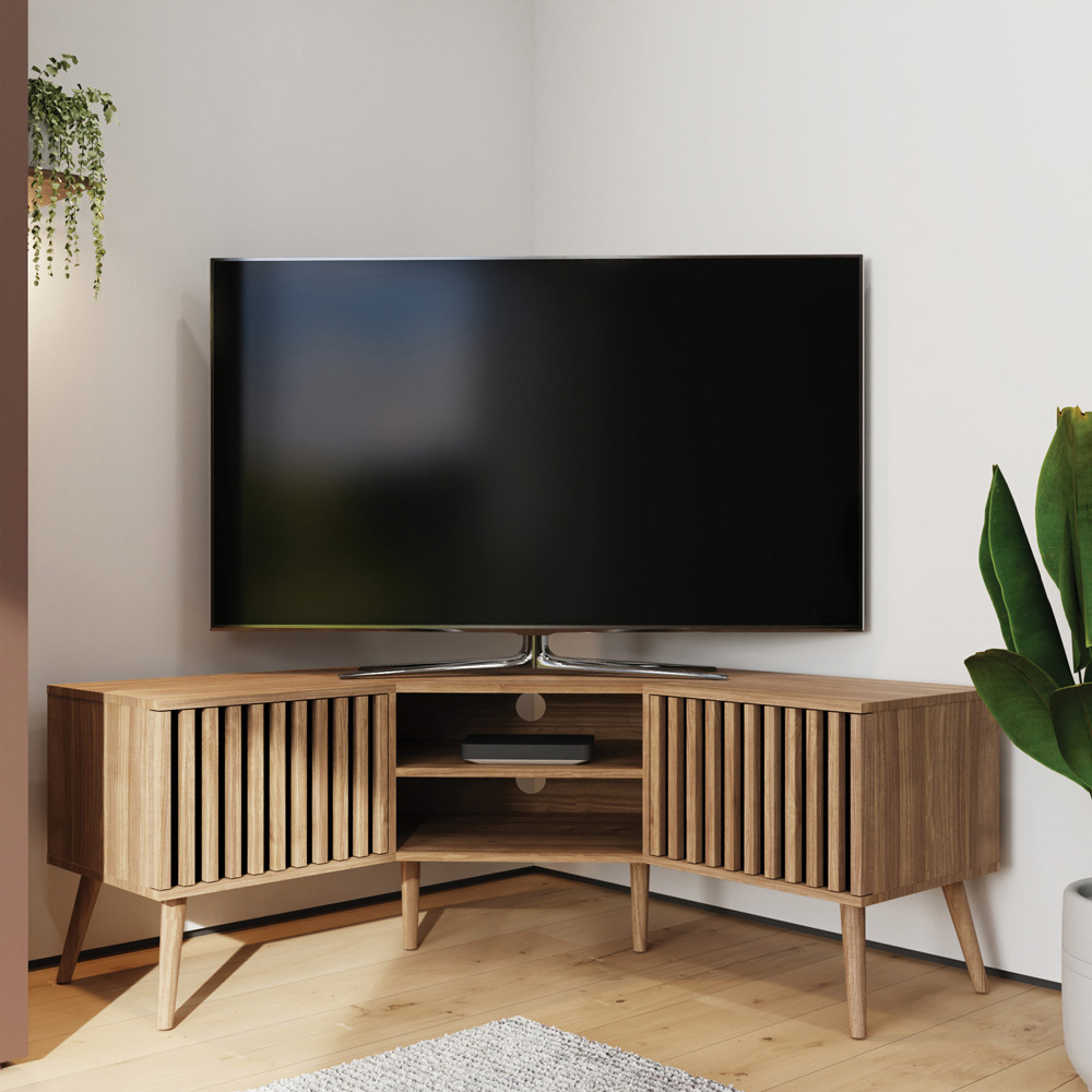 GFW Rowan 2 Door 2 Shelf Oak Slatted Corner TV Unit Image 8