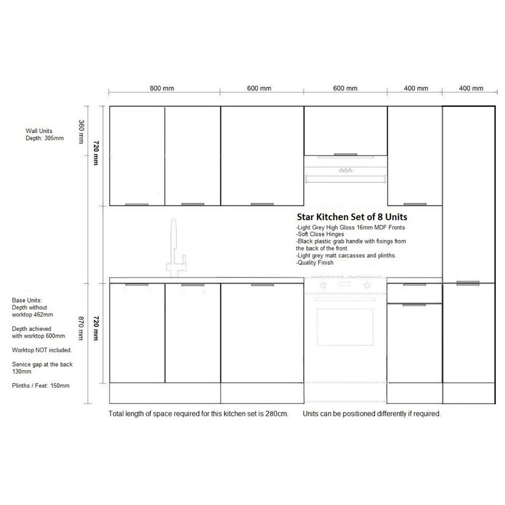 Impact Furniture Star Light Grey Gloss Kitchen Cabinet Unit Set of 8 Image 9