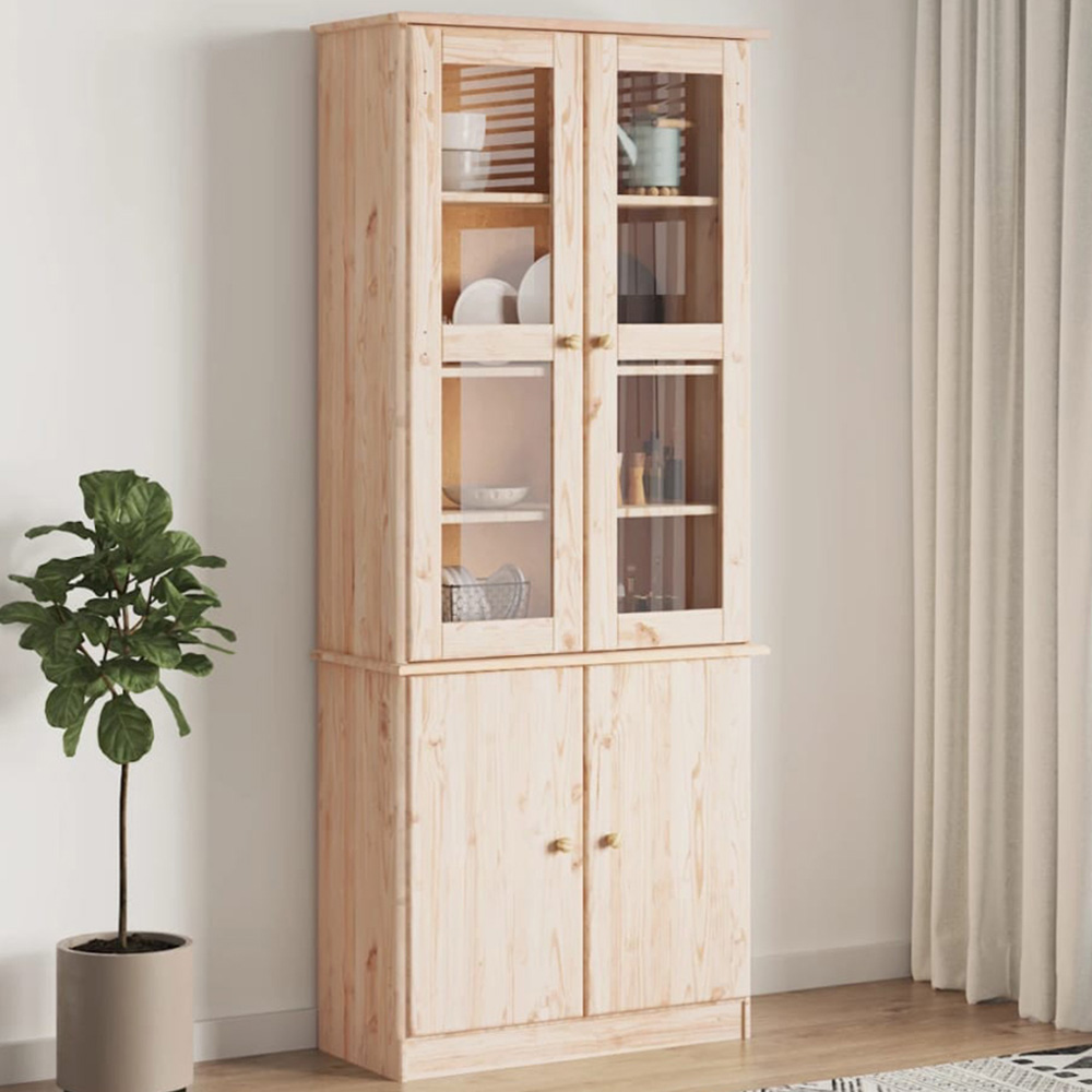 vidaXL Alta 4 Door Natural Solid Wood Pine Glass Display Cabinet Image 1