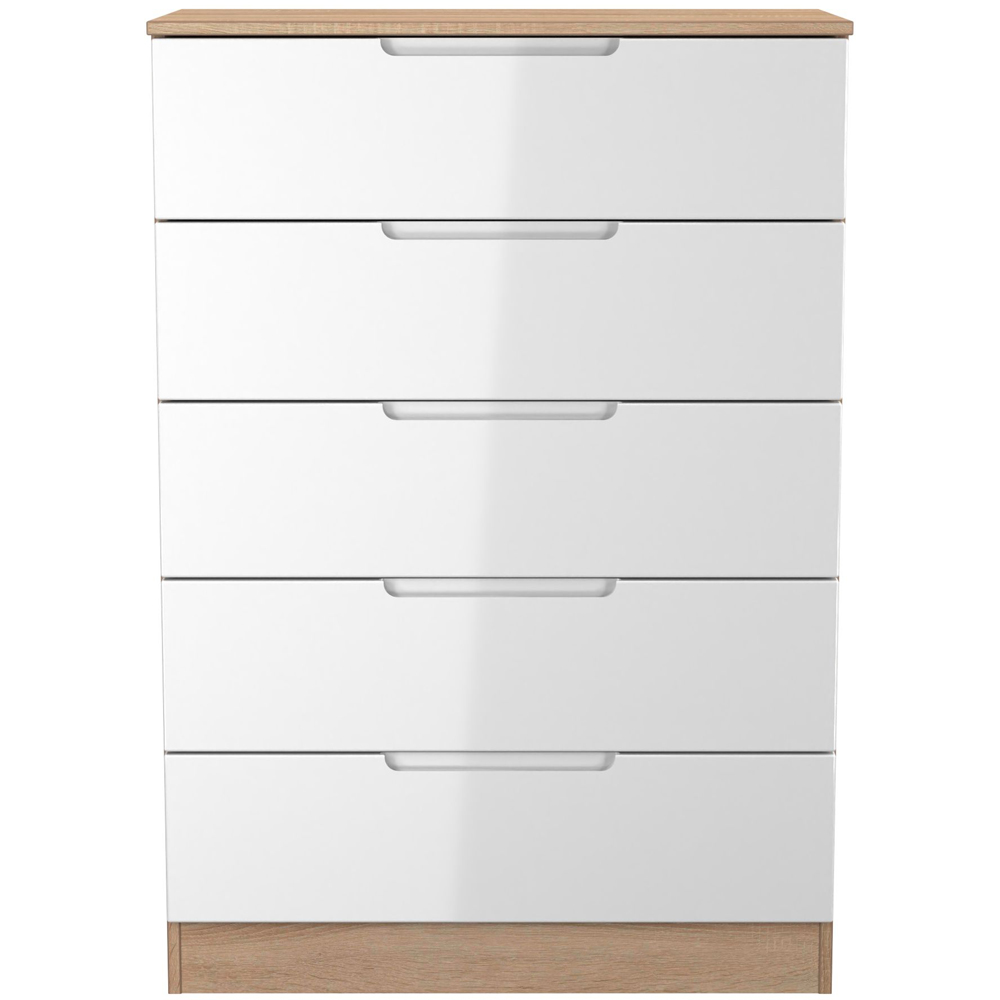 Crowndale Milan 5 Drawer White Gloss and Bardolino Oak Chest of Drawers Ready Assembled Image 3