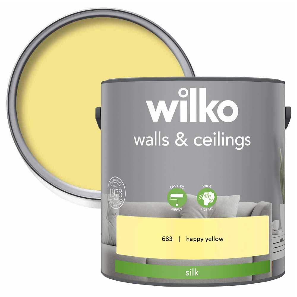 Wilko Walls & Ceilings Happy Yellow Silk Emulsion Paint 2.5L Image 1