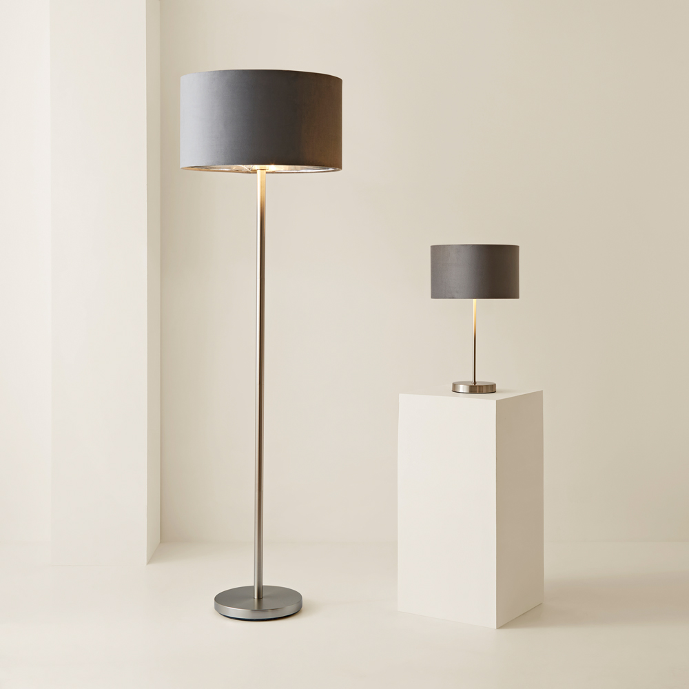 ValueLights Charlie Metallic and Grey Velvet Shade Brushed Chrome Table Lamp and Bulb Image 6