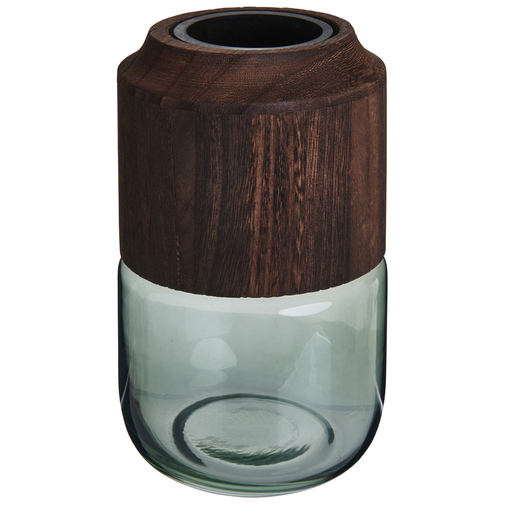 Wilko Green Glass and Wood Vase Image 1