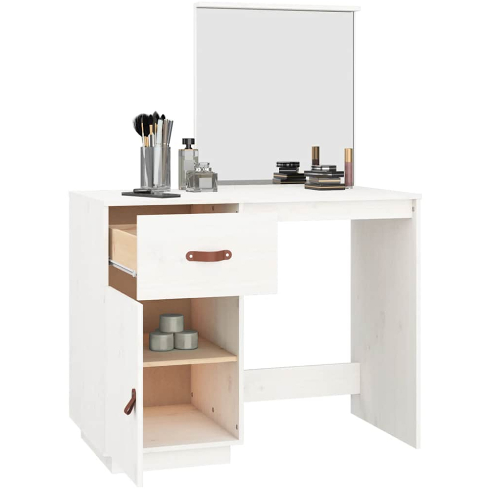 vidaXL Single Door Single Drawer White Solid Wood Pine Dressing Table with Mirror Image 5