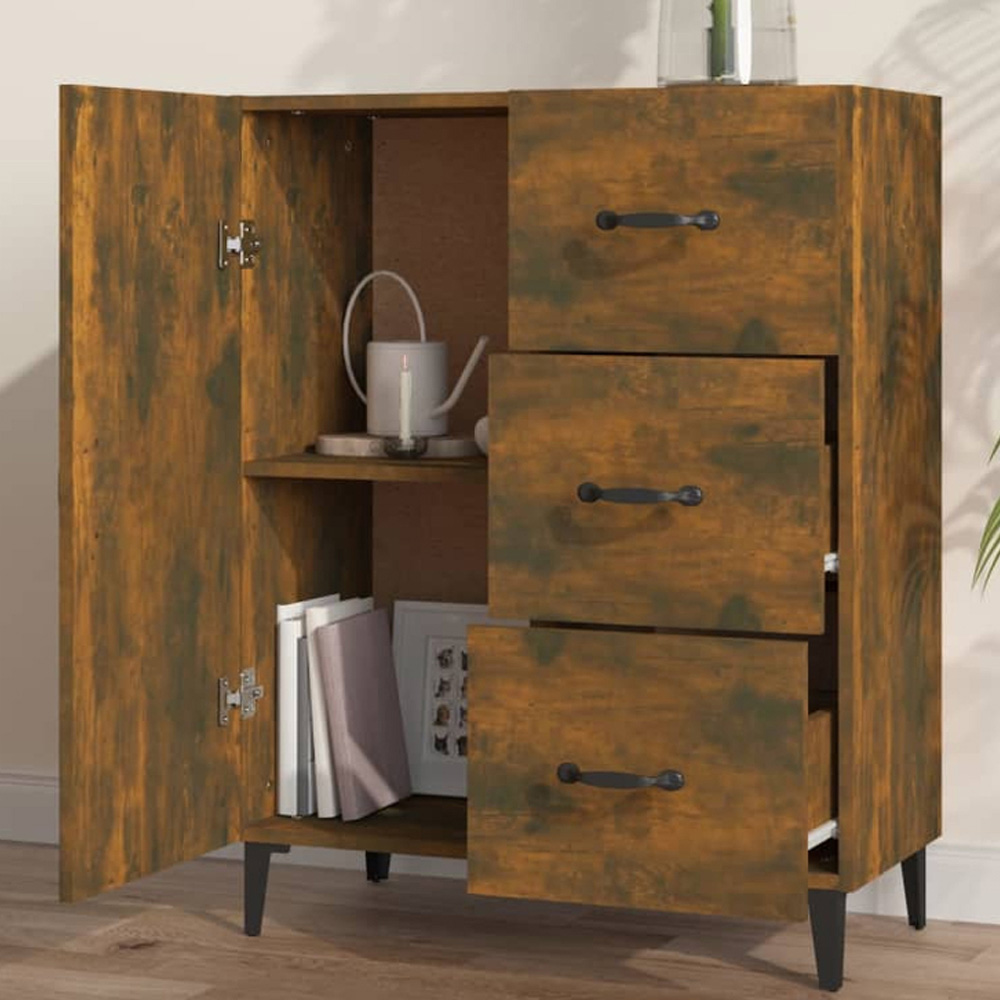 vidaXL Single Door 3 Drawer Smoked Oak Sideboard Image 1