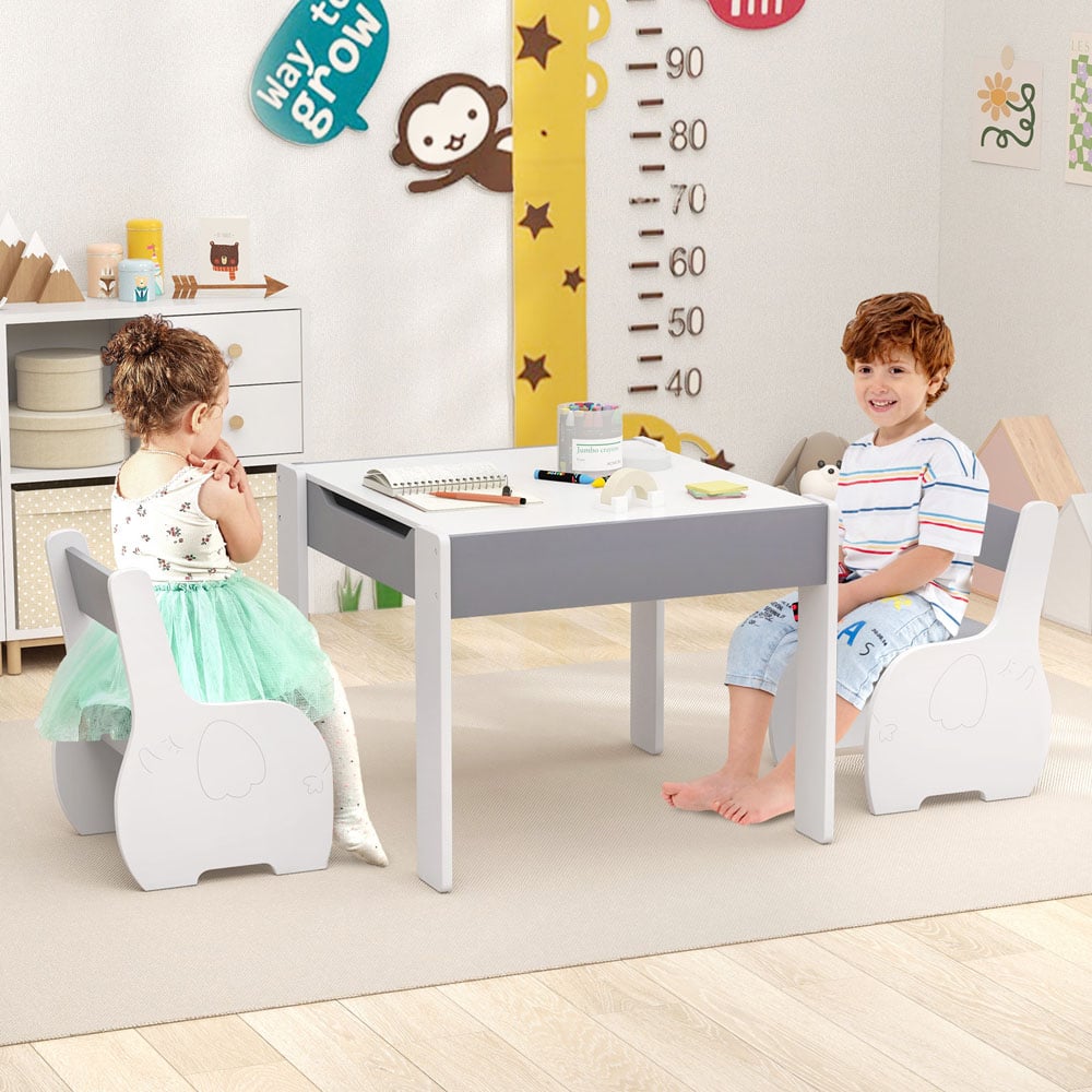 Costway Kids Grey and White Table and Chair Set with Hidden Storage Image 4