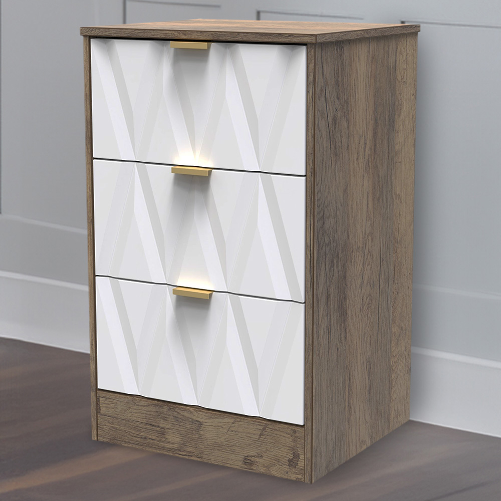 Crowndale Las Vegas 3 Drawer Matt White and Vintage Oak Bedside Table Ready Assembled Image 1