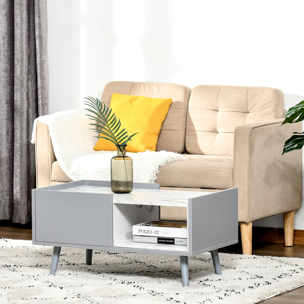 Portland Single Drawer Single Shelf Grey and White Marble Effect Coffee Table Image 4