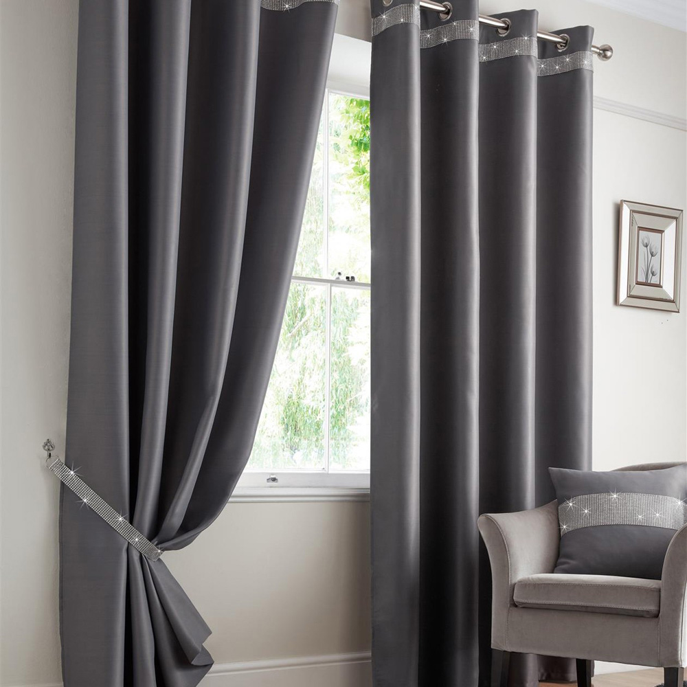 Alan Symonds Palace Silver Plain Thermal Ring Top Eyelet Curtains with Diamante Band 228 x 183cm Image 1