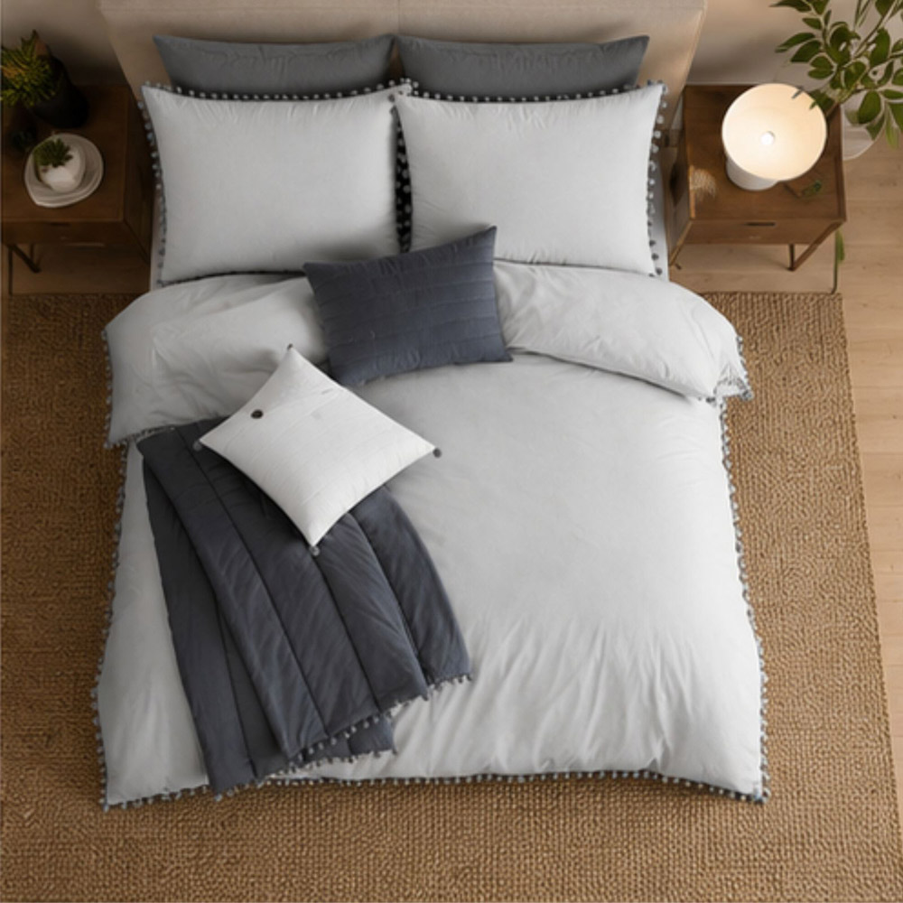 Smart Living King Size Grey Pom Pom Duvet Cover Set Image 3