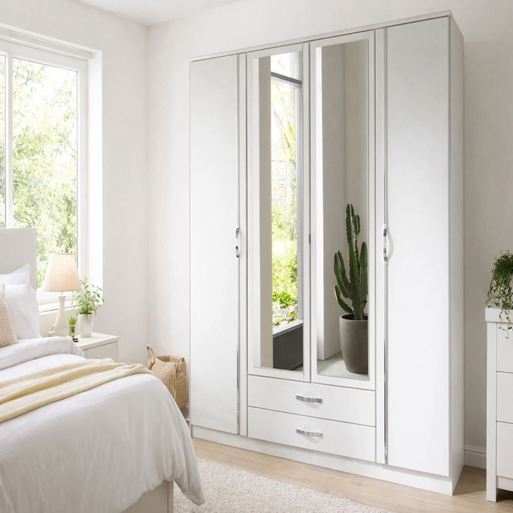 TJ'S Clack 4 Door 2 Drawer White Mirrored Wardrobe Image 1