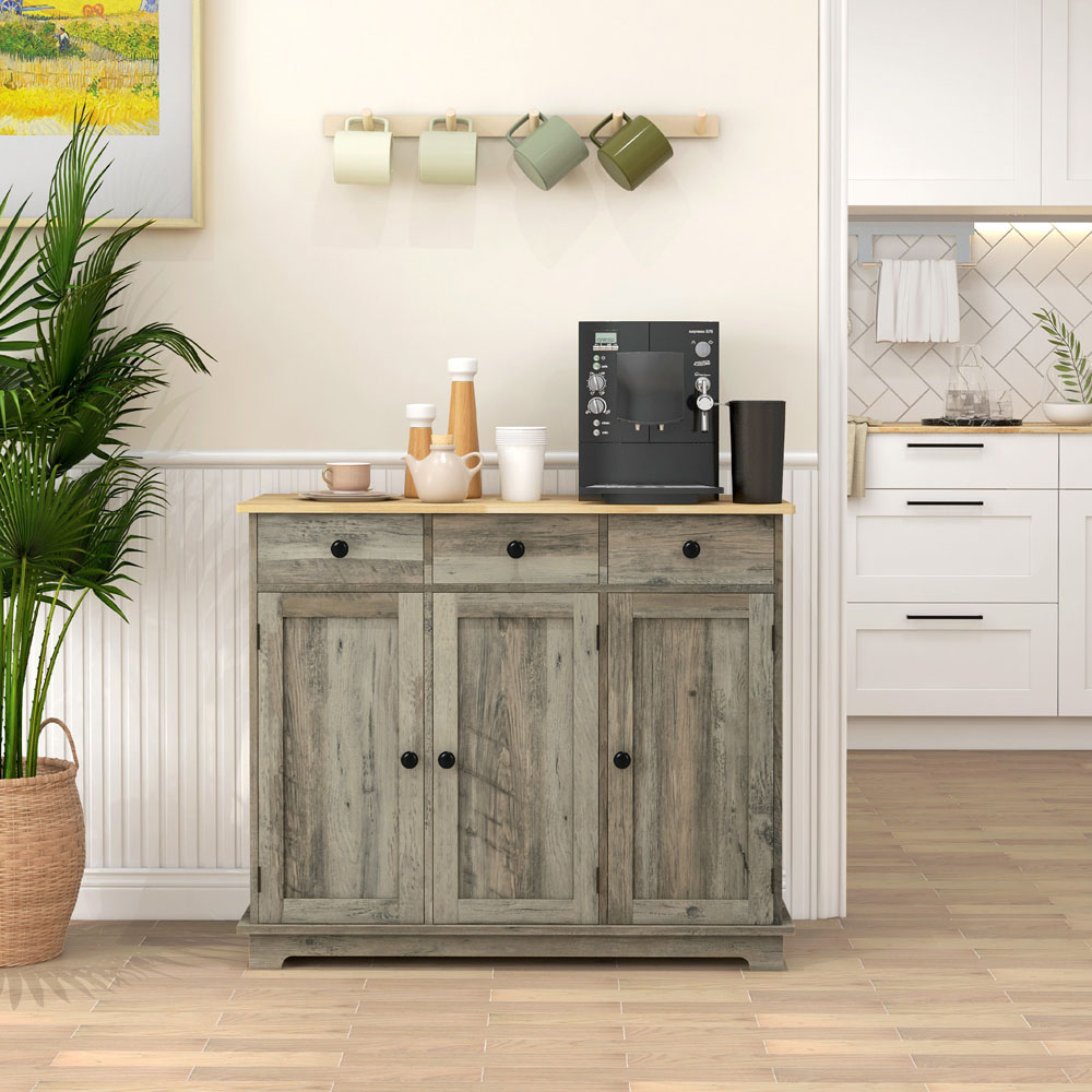 HOMCOM 3 Door 3 Drawer Grey Rubber Wooden Top Sideboard Image 5