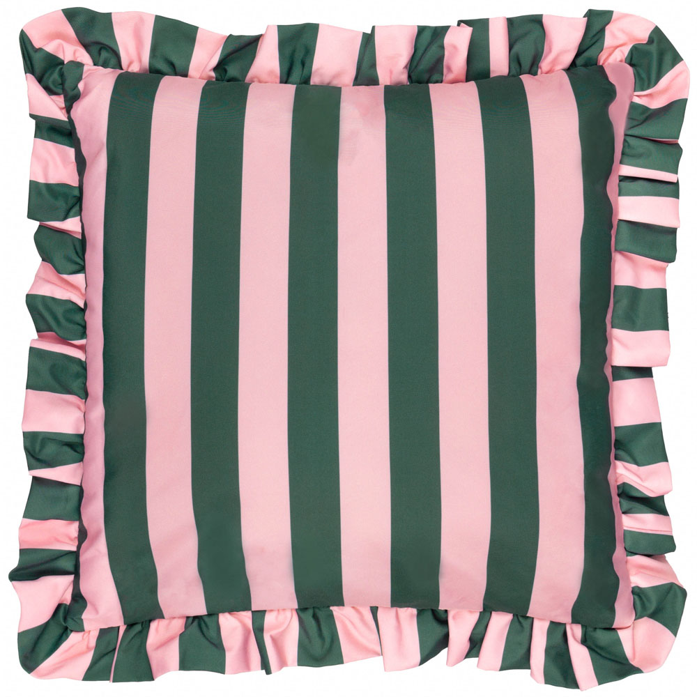 furn. Palm Royale Stripe Pink Ruffle Printed Polyester Filled Outdoor Cushion 50 x 50cm Image 1