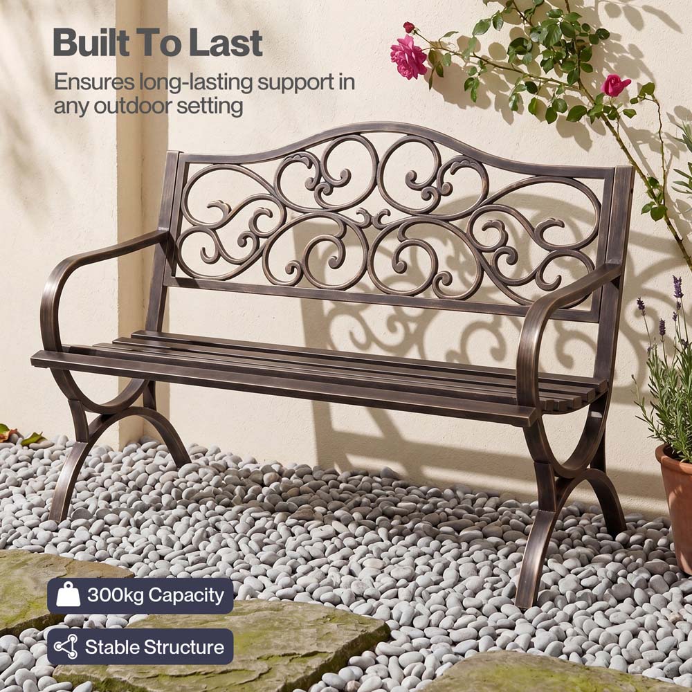 Levede 2-3 Seater Bronze Floral Metal Garden Bench Image 7