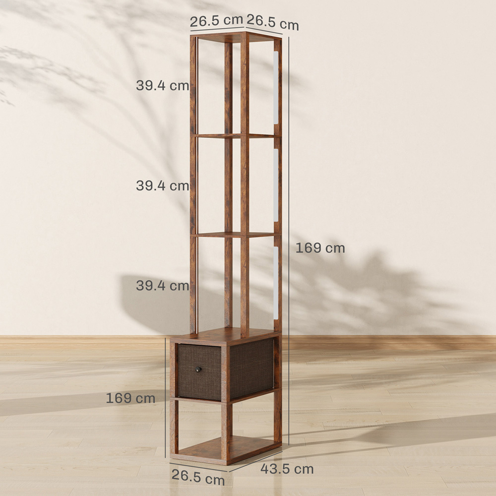 HOMCOM Single Drawer 4 Shelf Rustic Brown LED Floor Lamp Image 9