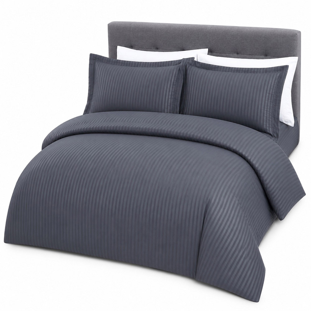 Smart Living Super King Size Charcoal Microfibre Satin Stripe Complete Bedding Set Image 2