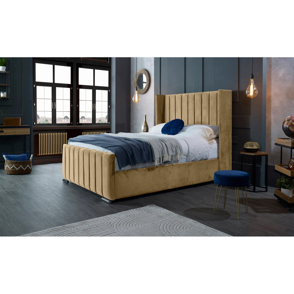 Eleganza Home Meriso Super King Size Beige Plush Velvet Bed Frame with Winged Headboard Image 5