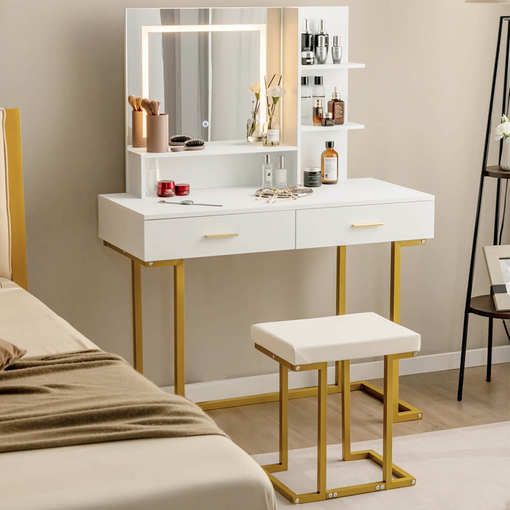 Costway White Vanity Set with Large Mirror and Stool Image 1