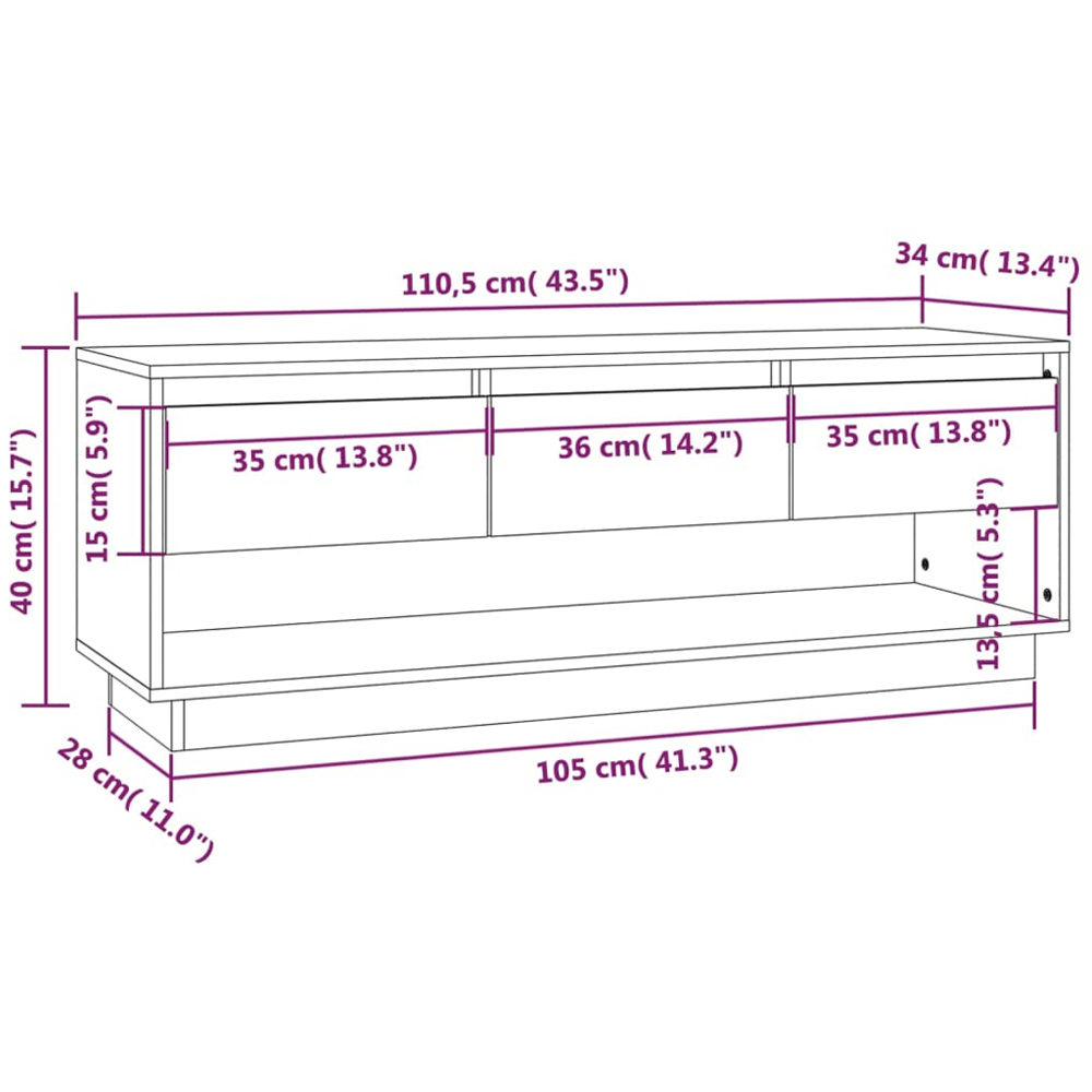 vidaXL 3 Drawer Single Shelf Honey Brown Solid Pine Wood TV Cabinet Image 9