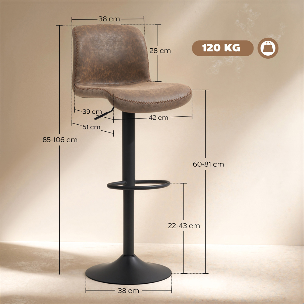 Portland Brown PU Leather Height Adjustable Bar Stool Set of 2 Image 9