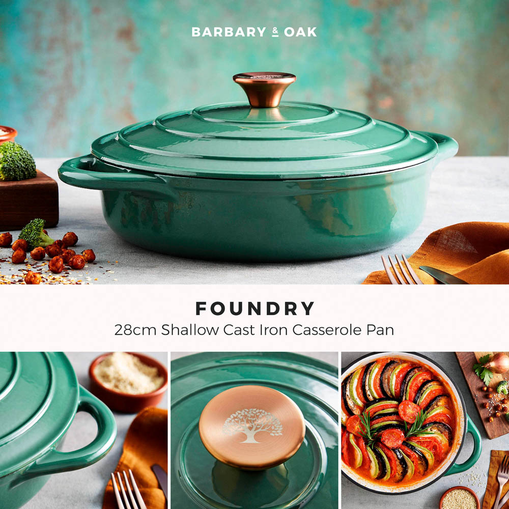 Barbary & Oak 28cm Verdigris Green Cast Iron Shallow Casserole Dish with Domed Lid Image 2